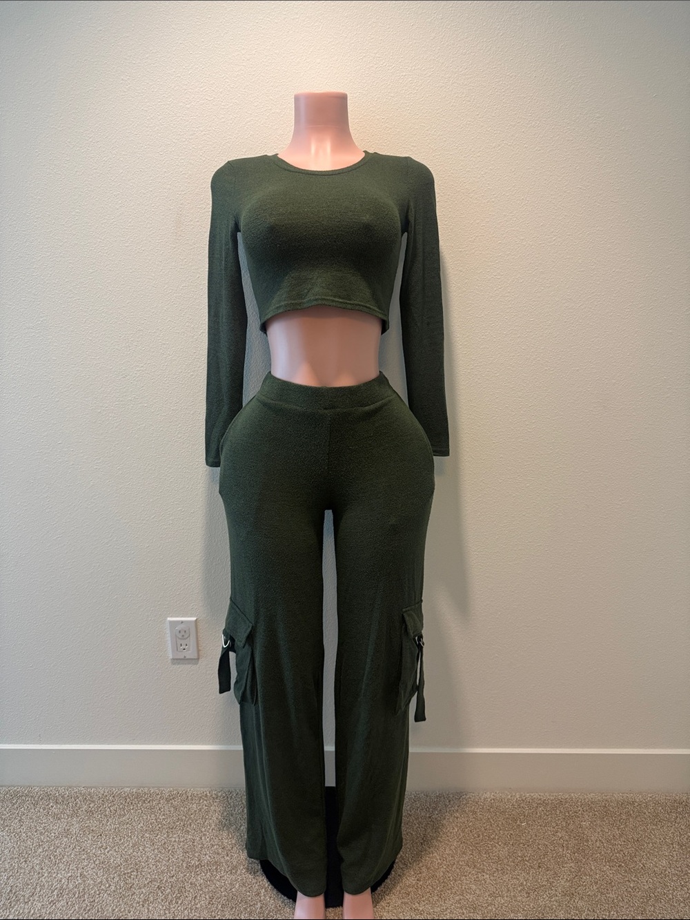 Women's Olive Green Two-Piece Knit Pants Set